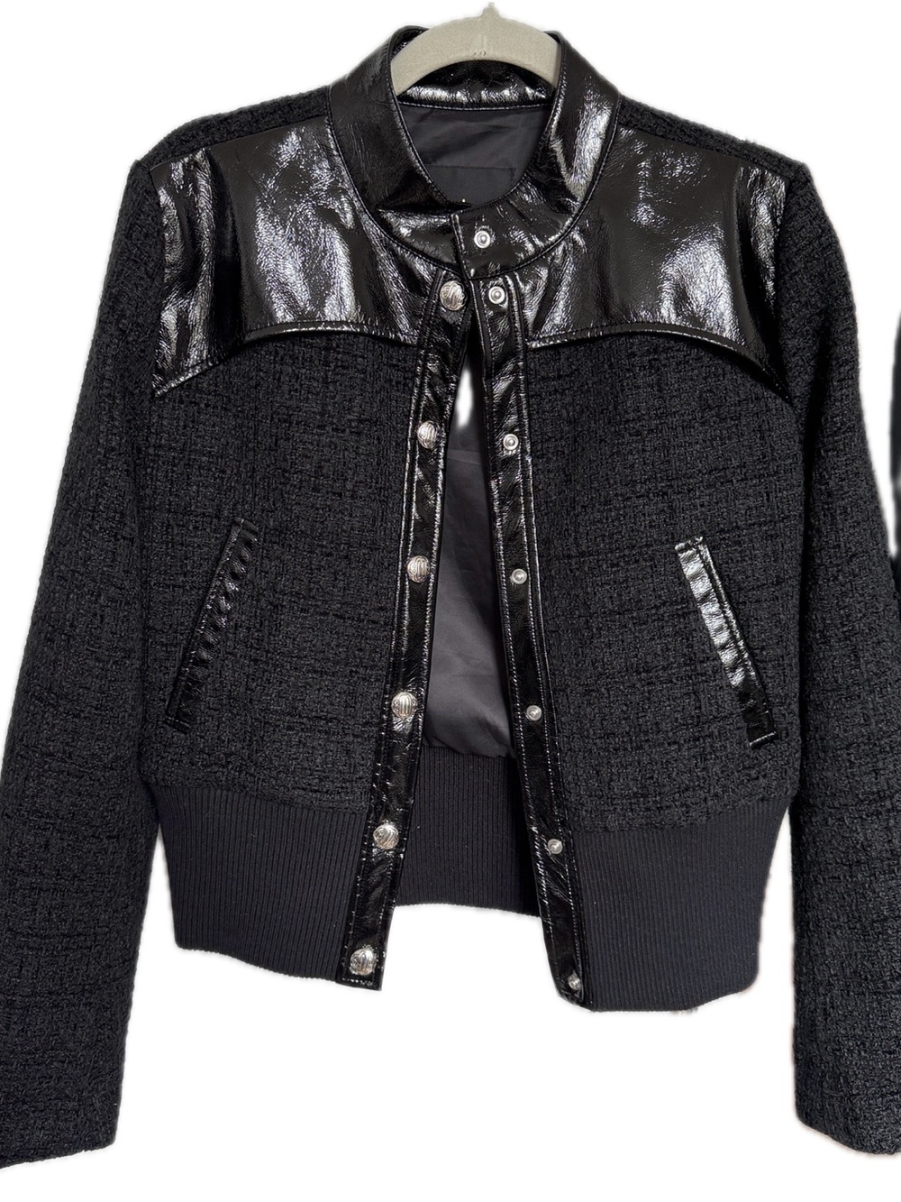 Maje Black Mixed-Media Patent & Bouclé Bomber Jacket